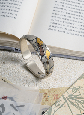 蕉叶倩影足银999纯手工錾刻金银错设计感手镯约94克