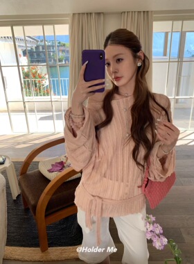 HOLDER ME 斜肩露肩绑带镂空针织衫女2026春夏季宽松显瘦上衣8018