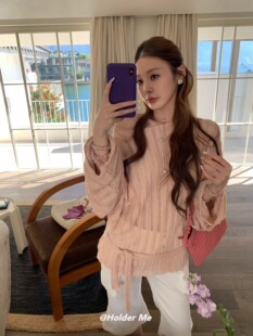 HOLDER ME 斜肩露肩绑带镂空针织衫女2026春夏季宽松显瘦上衣8018