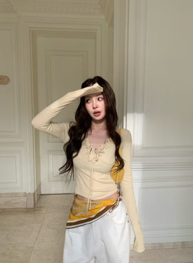 HOLDER ME 木耳花边绑带修身针织上衣2026春夏季气质显瘦纯色5623