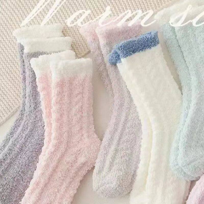 月子毛巾睡眠袜珊瑚绒袜子女秋冬季加绒加厚中筒可爱保暖家居地板