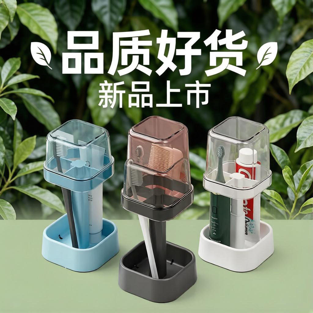 防尘牙刷置物架透明带盖漱口杯套装家用洗漱收纳盒卫生间牙具座。