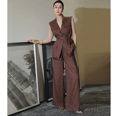 亚麻欧根纱马甲阔腿裤女总裁套装