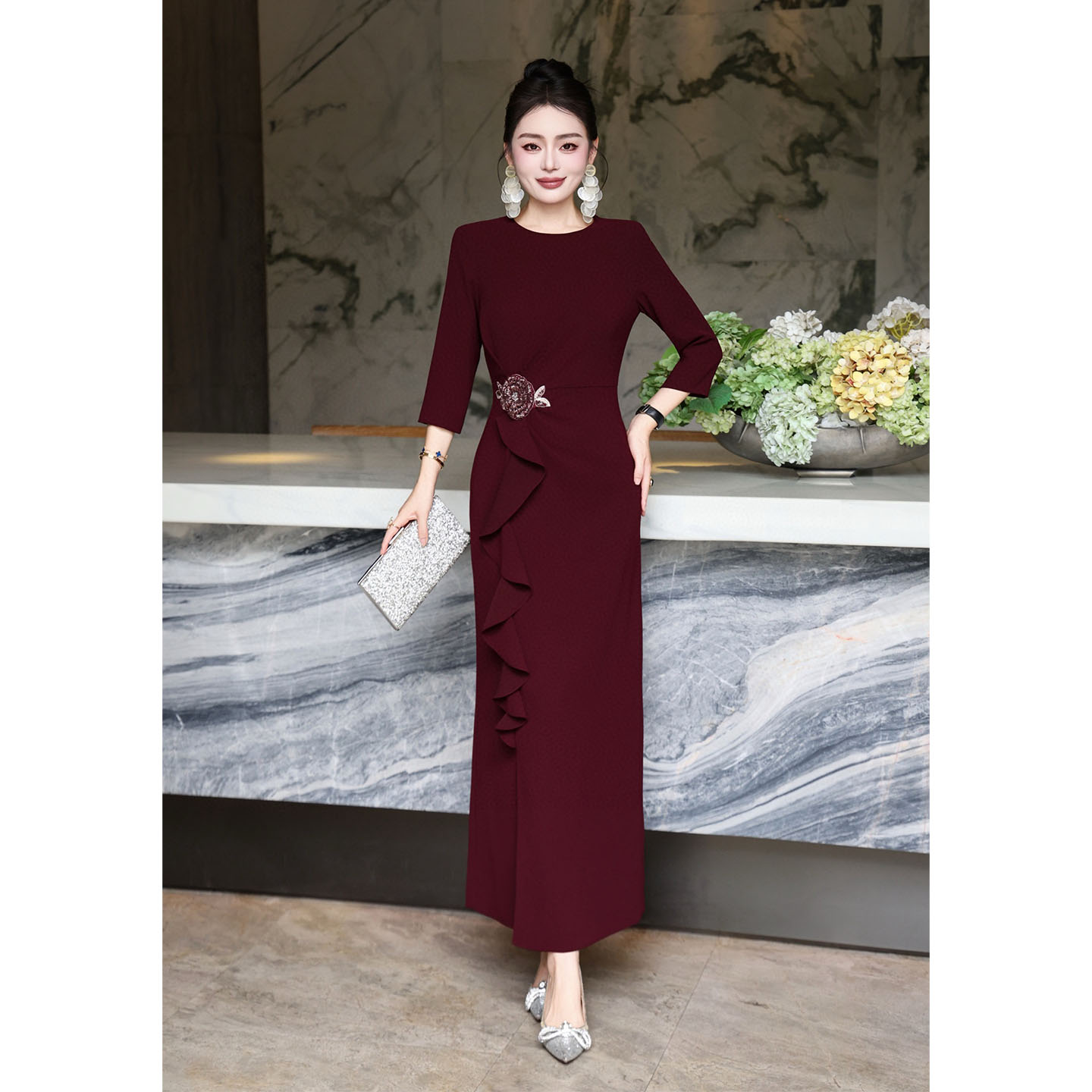 重工钉珠连衣裙女秋冬婚宴礼服裙