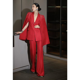 轻熟优雅风红色钉珠西装套装女秋季斗篷外套阔腿裤两件套御姐气质