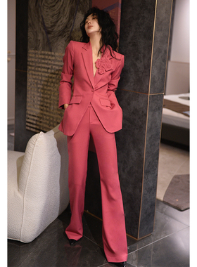 2025秋冬粉红色时尚修身西服套装裤商务气质女神款减龄女装两件套