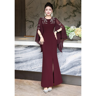 时尚晚宴风重工订钻喇叭袖连衣裙女优雅显瘦婚宴礼服喜妈妈长裙秋