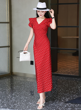 2026夏季新款法式气质收腰红色长裙甜美减龄飞飞袖碎花连衣裙女神