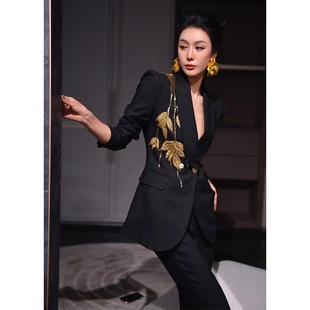 重工金色亮片设计感修身西服套装商务职业总裁女神范春秋两件套潮