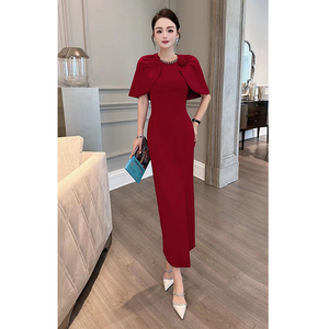 订钻领披肩拼接法式优雅修身礼服长裙宴会婚礼酒红色紫色粉连衣裙