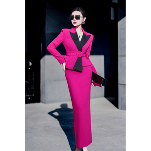 玫红色长袖 女商务正装 修身 外套半身裙套装 职业套裙两件套 西装 时尚