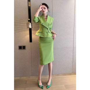 春季新款时尚赫本风修身收腰荷叶摆西装配半裙气质名媛套装两件套