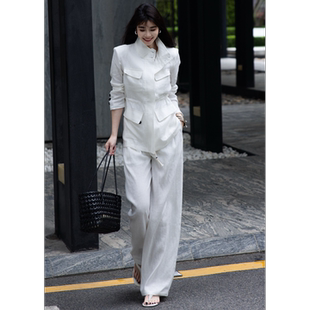 外套阔腿裤 2026夏季 新款 老钱风工装 两件套女士松弛感气质亚麻套装
