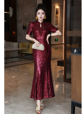 红色亮片订珠旗袍修身包臀鱼尾礼服裙婚礼宴会高端喜婆婆连衣裙女
