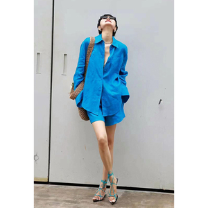 欧洲站女装2024夏宽松亚麻长袖衬衫配短裤套装夏季女装清爽两件套