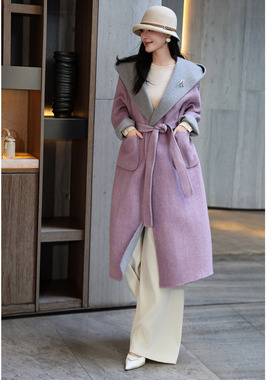 温柔慵懒风连帽双面羊毛呢大衣女紫色灰色时尚长款系带气质外套冬