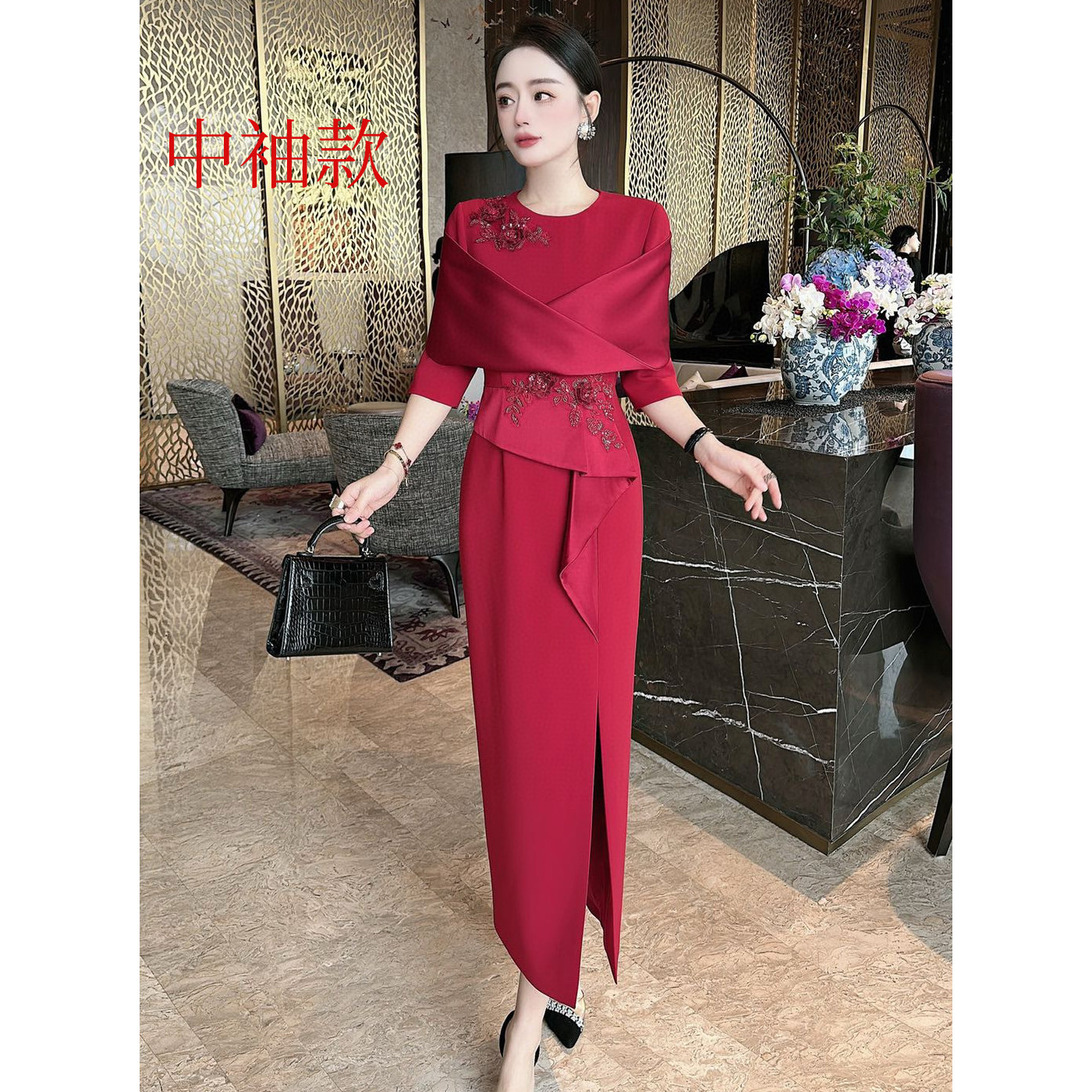 高定礼服重工绣花订珠红色婚礼宴会红色礼服裙洋气时尚显瘦连衣裙