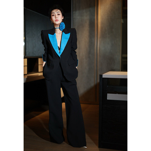 商务气质港风女神撞色缎领显瘦黑色时尚西服套装秋冬女款两件套OL