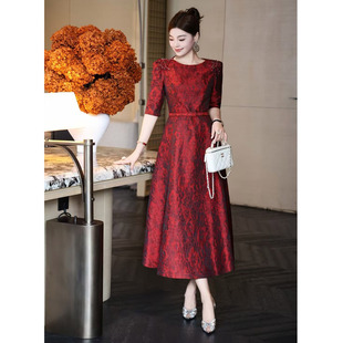 洋气酒红色高级立体提花订钻奢华气质女装连衣裙喜妈妈优雅礼服裙