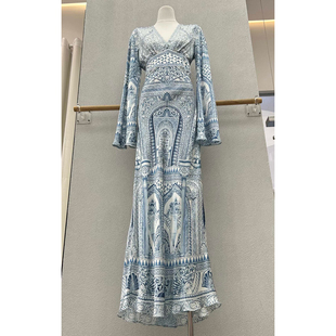 度假风真丝V领印花高腰显瘦连衣裙女长袖优雅时尚大气女神范蓝色