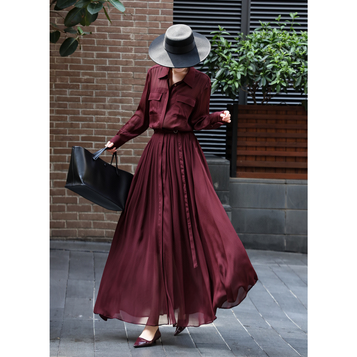 复古文艺翻领长袖衬衫长裙