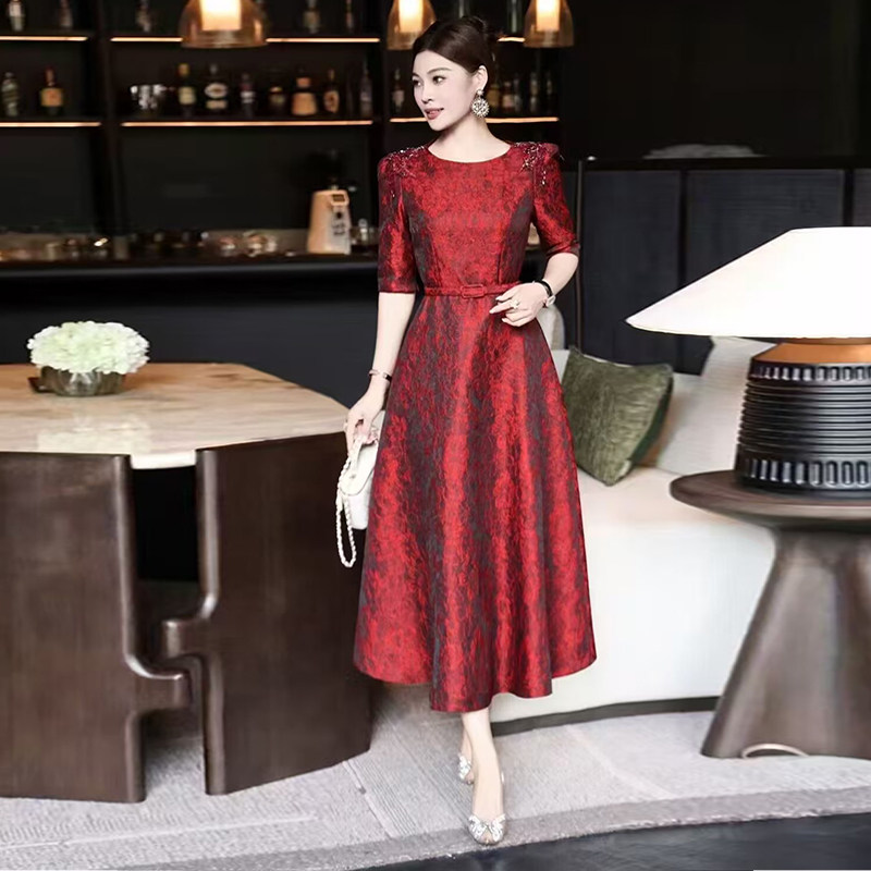 洋气高级婚礼立体提花订钻奢华气质女装连衣裙喜妈妈优雅礼服裙女
