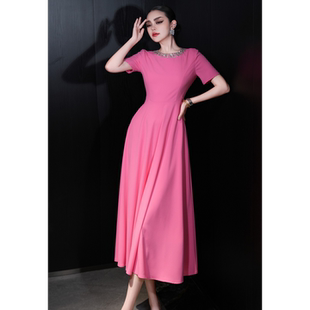 时尚优雅高级感修身显瘦名媛礼服长裙女短袖圆领钉钻轻奢连衣裙夏