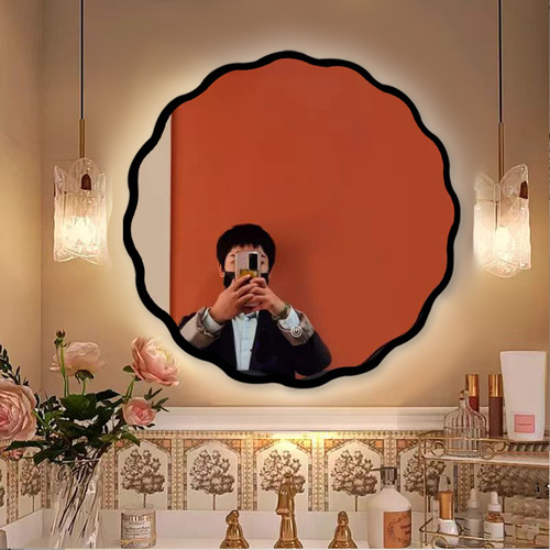 波浪纹木质法式复古奶油风浴室镜