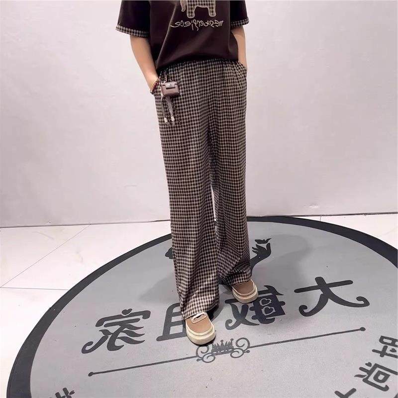 2026春装新针丝缘时尚潮流格子女裤加大码女装显瘦200斤长裤1366