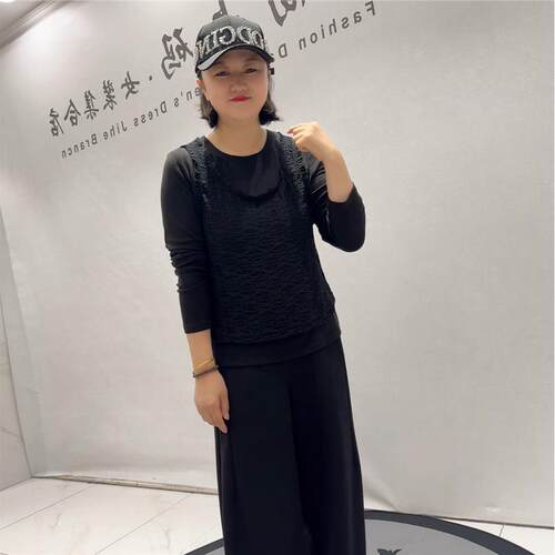 女权贵族潮流大码女装打底6509打底衫搭蕾丝马夹两件套上衣胖mT恤