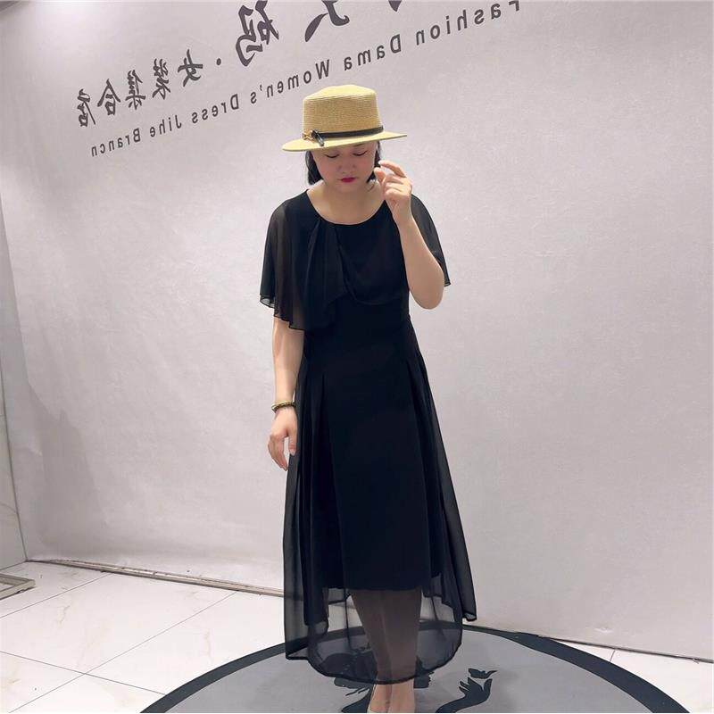 女权贵族加肥加大裙2026夏装31086收腰显瘦披肩设计感洋气连衣裙