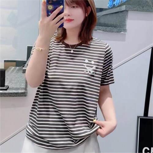 针丝缘大码女装打底2026夏季2168刺绣笑脸图案减龄条纹短袖上衣女