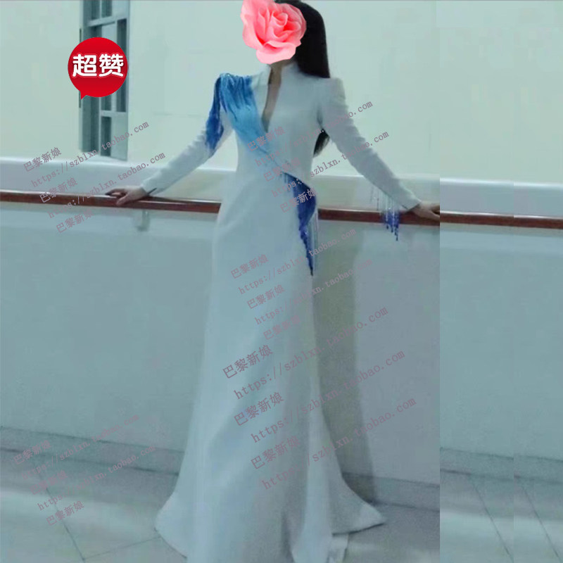2026新款翘肩长袖闪钻深V领小A摆袖音乐会歌唱比赛舞台演出礼服