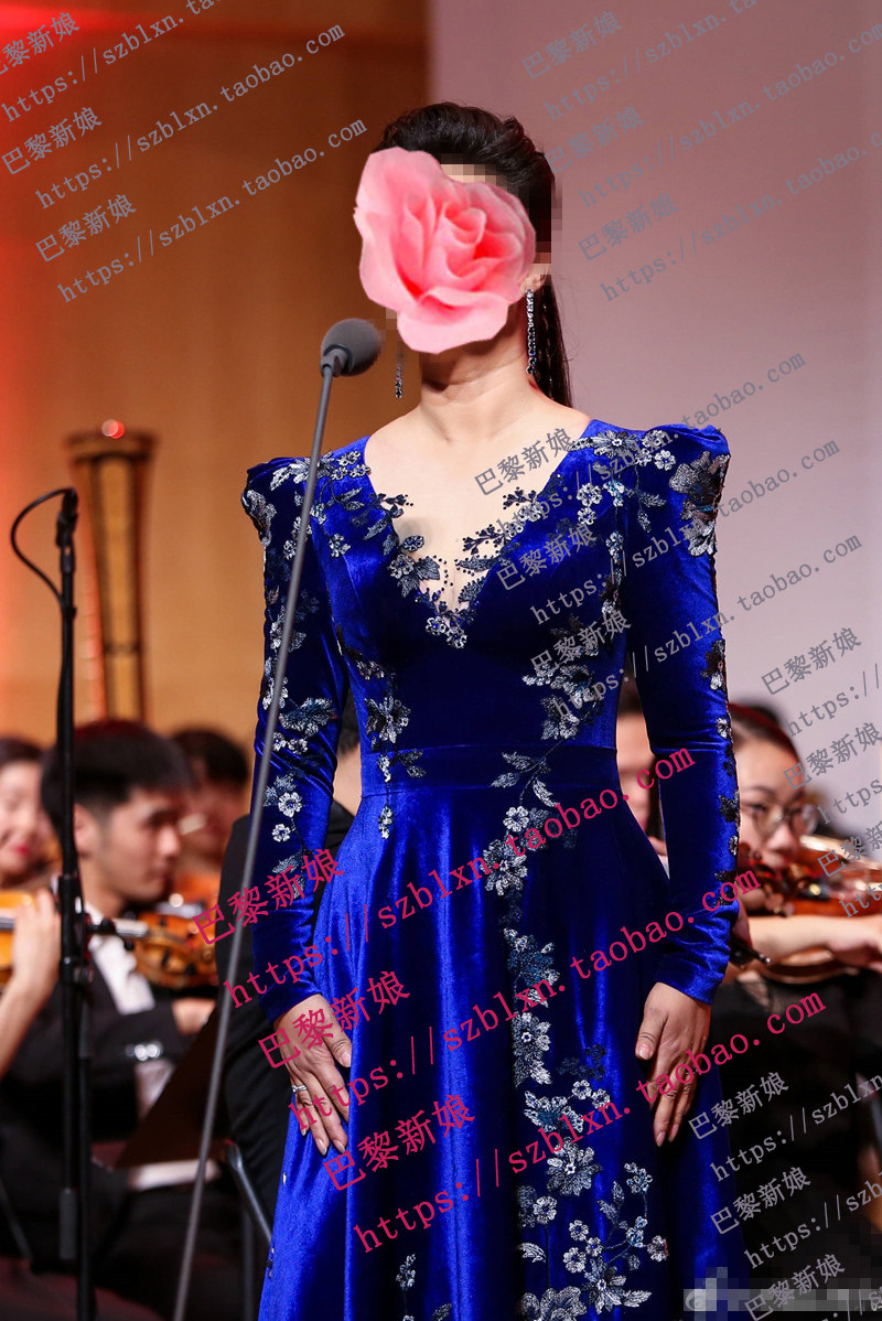 宝蓝色深v领闪钻长袖金丝绒小a摆歌唱比赛毕业音乐会民族演出礼服