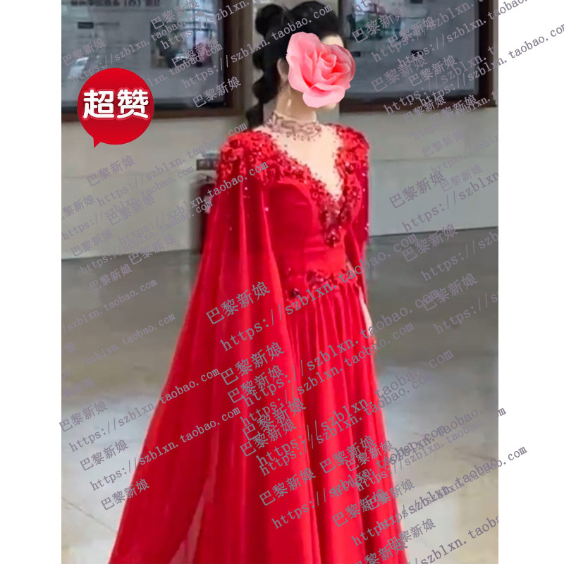 2026新款中国红色透明立领夏天V领腰部水袖音乐会演出服装礼服
