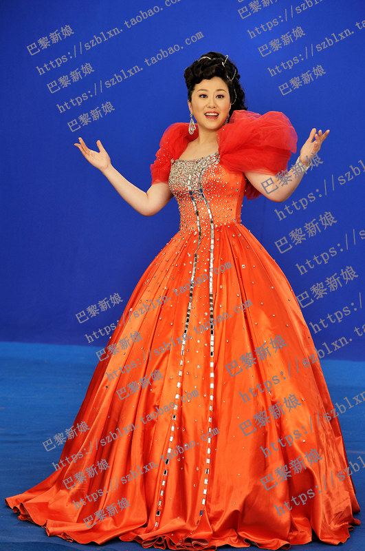 橘红色闪钻音乐会歌唱比赛礼服