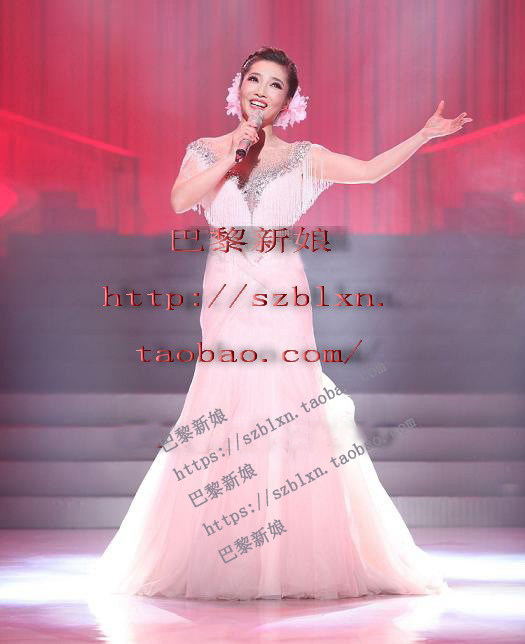 2026粉红色性感深V领流苏鱼尾演唱会小摆音乐会歌唱比赛演出礼服