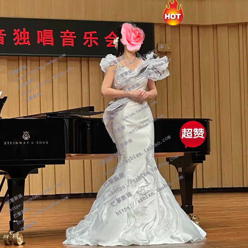 2026新款飘逸水袖闪钻V领小A摆开叉袖音乐会歌唱比赛舞台演出礼服