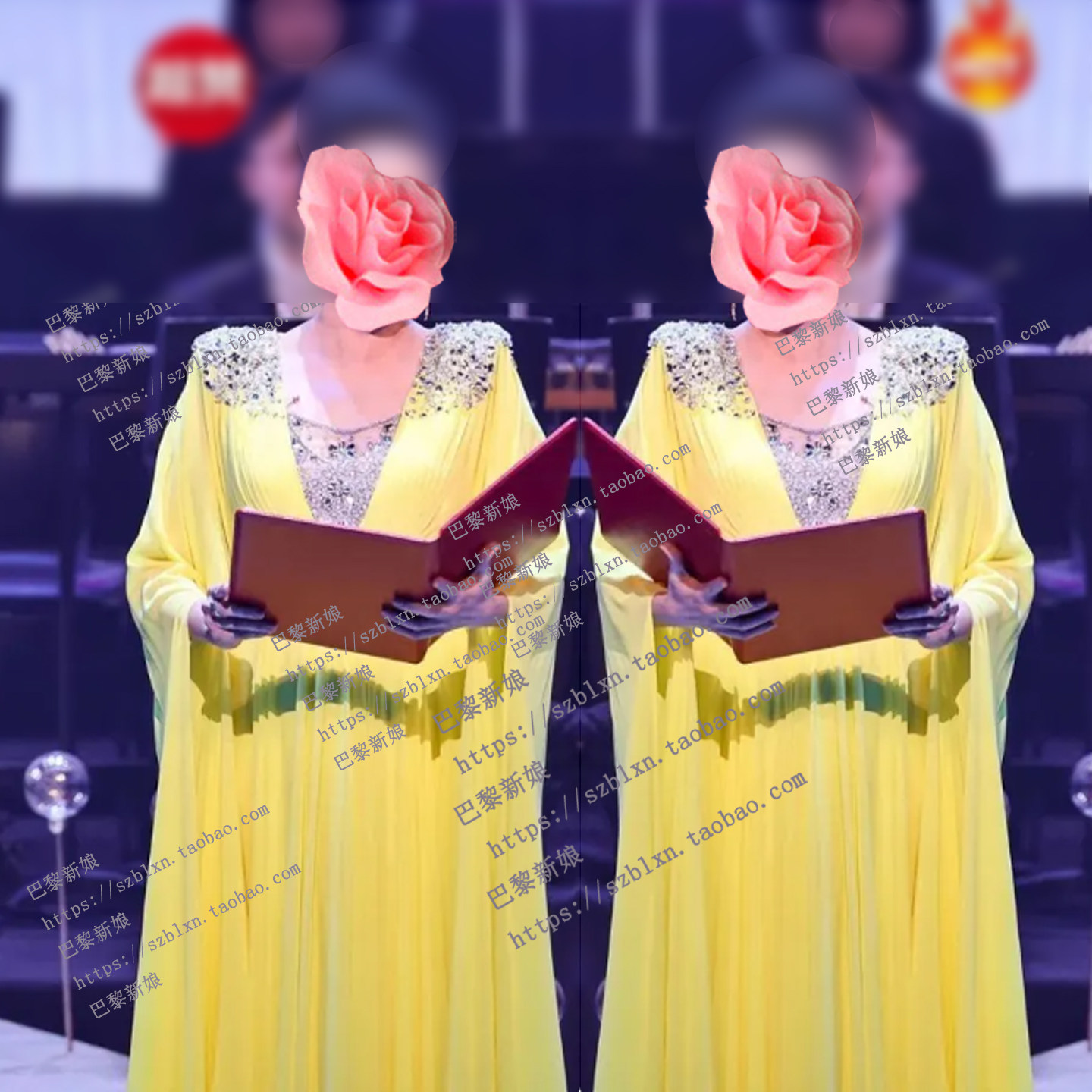 2026新款黄色飘逸闪钻小摆立领长水袖音乐会歌唱比赛舞台演出礼服