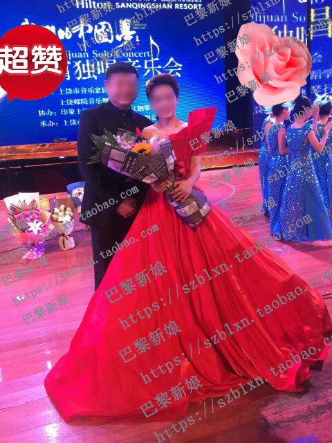 大红色五分水钻抓褶歌唱比赛礼服