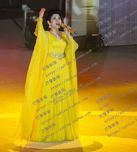 2025新款亮黄色长水袖腰带水钻随身小A摆声乐比赛音乐会演出礼服