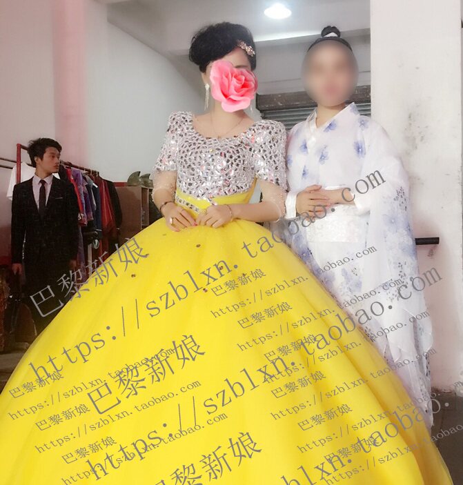 2026春晚黄色7分袖透明圆领显瘦闪钻纱声乐比赛音乐会大蓬演出服