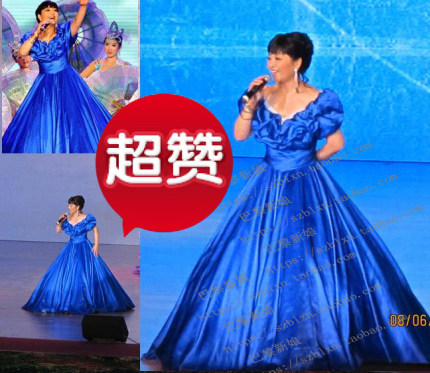 2026宝蓝色泡泡袖心形领显瘦独唱殷秀梅歌唱比赛音乐会演出礼服