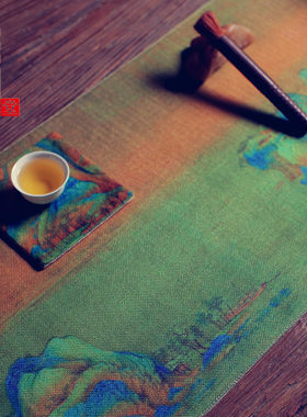 千里江山茶席麻布禅意布艺茶杯垫中式茶道茶巾茶盘垫套装日式桌旗