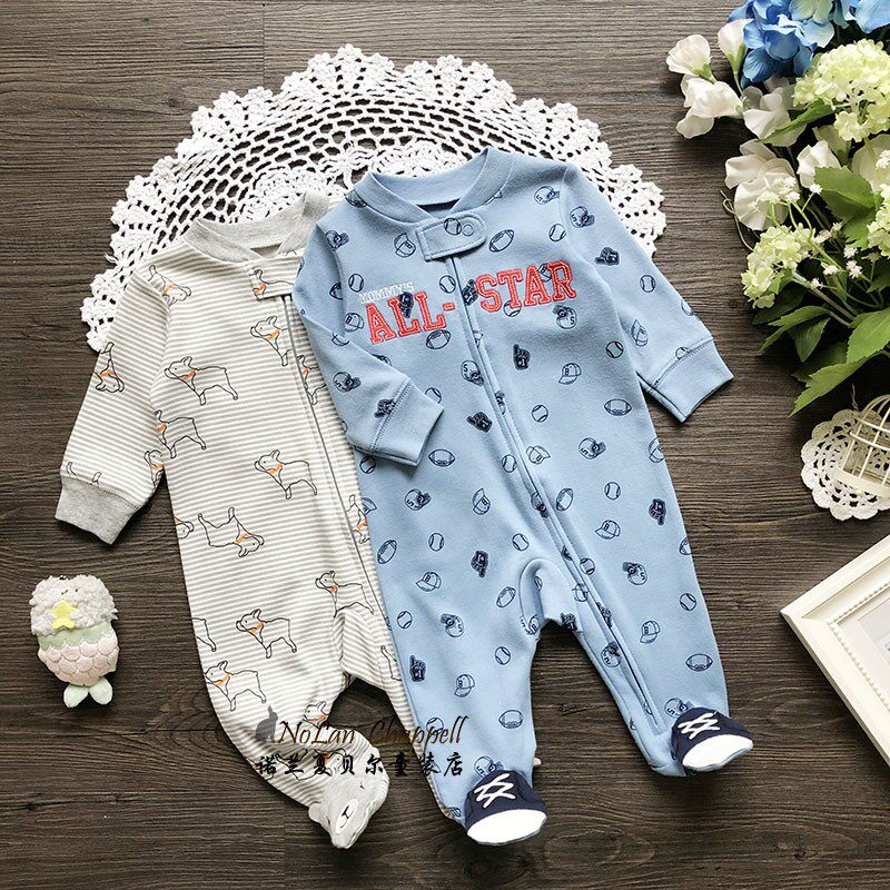 春秋季宝宝纯棉连体哈衣 新生婴儿包脚爬服 外出卡通条纹连身衣服