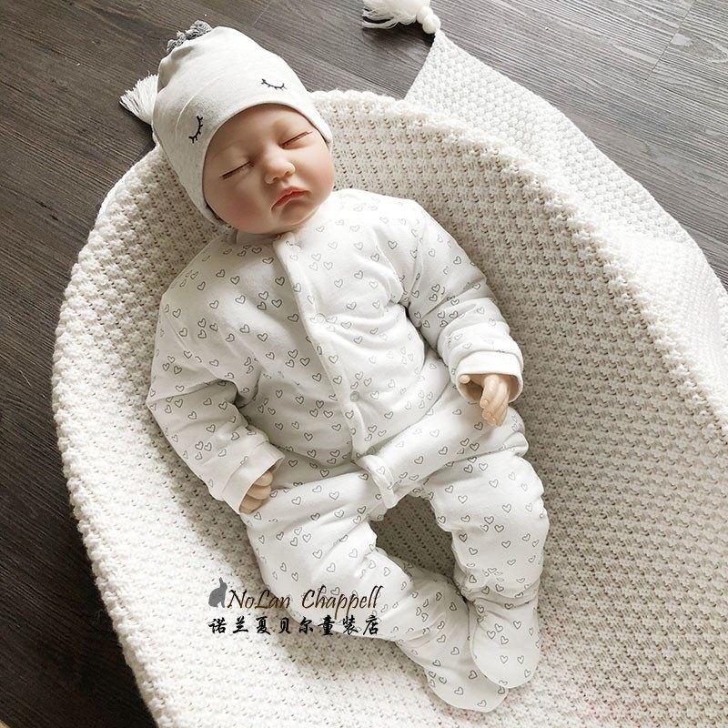 外贸原单新生婴儿A类夹薄棉轻便款连身哈衣白色爱心保暖连体爬服