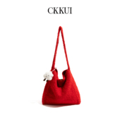 2025新款 CKKUI 秋冬复古毛呢红色包包女式 斜跨包慵懒风单肩托特包