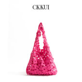 CKKUI 简约花朵小众设计镂空包包小清新玫红色单肩包文艺风托特包