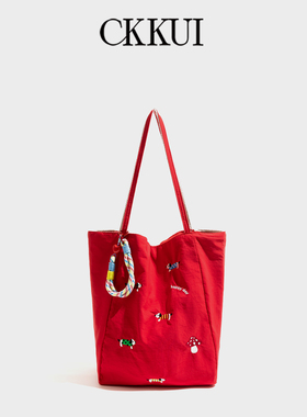CKKUI 韩系可爱小狗刺绣红色包包2026新款手提包慵懒风帆布单肩包