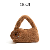 CKKUI 复古纯色毛呢包包女式 2025秋冬小拎包通勤毛茸茸小众手提包